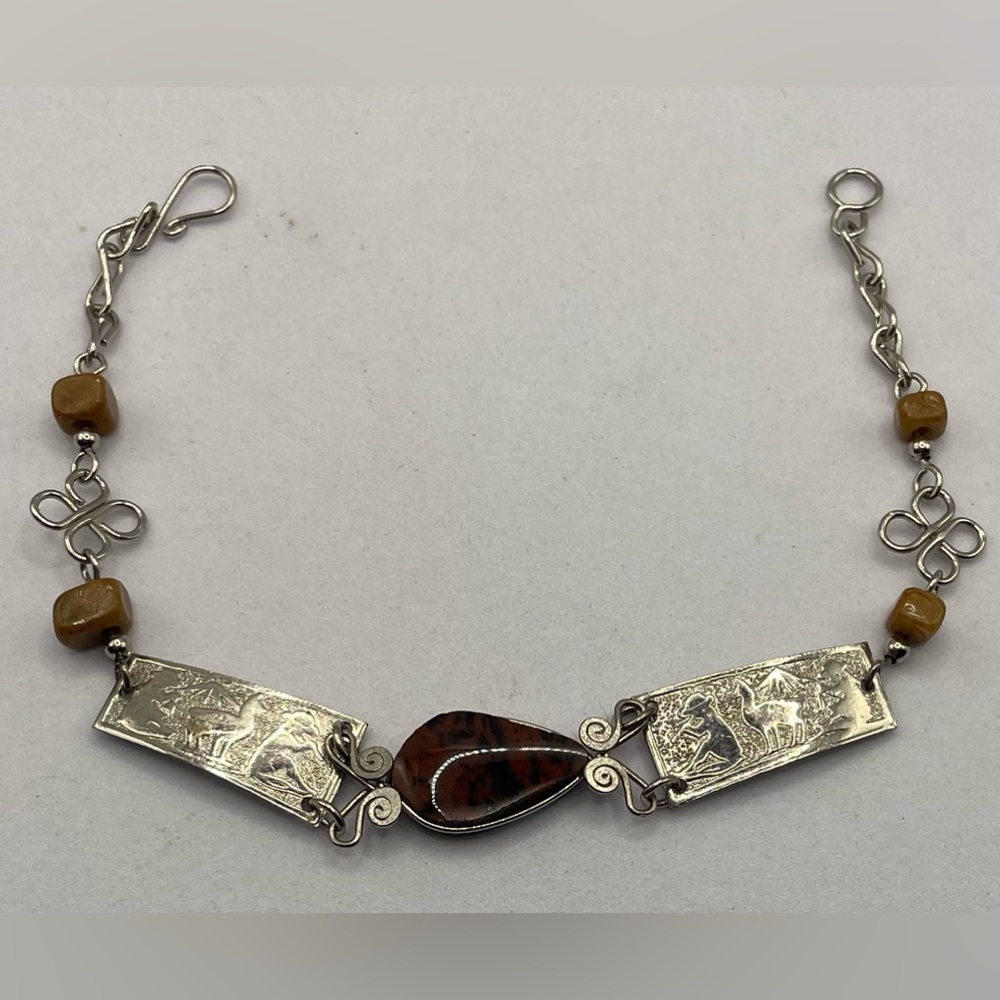 3 for $30 Artisan Dainty Silver Tone Etched Panels Polished Gemstone Bracelet